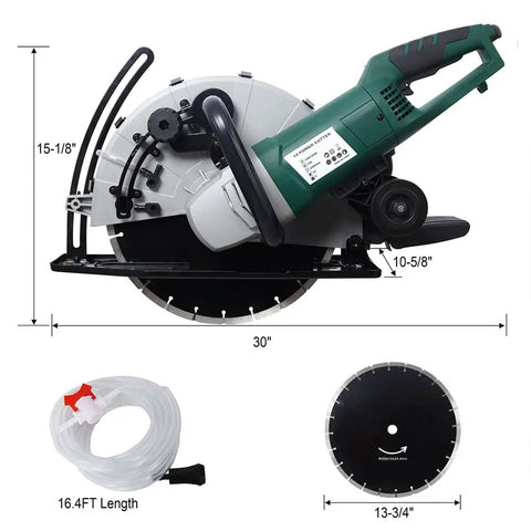 14 Inch Electric Concrete Saw Heavy Duty Beast Powers Through Wet Cut Work With Direct Water Line Hook Up and integrated dust extraction.