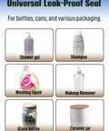 Image showing universal leak-proof seal options for bottles, cans, and packaging, including shower gel, shampoo, washing liquid, and jars.