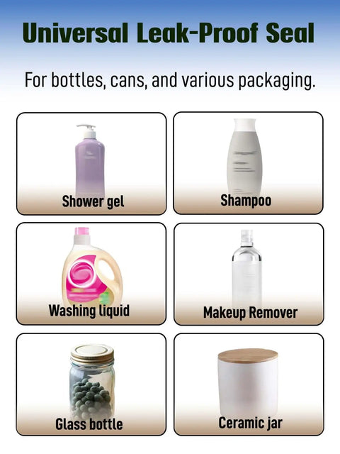 Image showing universal leak-proof seal options for bottles, cans, and packaging, including shower gel, shampoo, washing liquid, and jars.