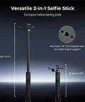 Power Grip With Built In 5000mAh Battery For Action Cameras And Phones Wireless Control Selfie Stick showing telescoping length and anti-twist feature.