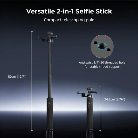 Power Grip With Built In 5000mAh Battery For Action Cameras And Phones Wireless Control Selfie Stick showing telescoping length and anti-twist feature.