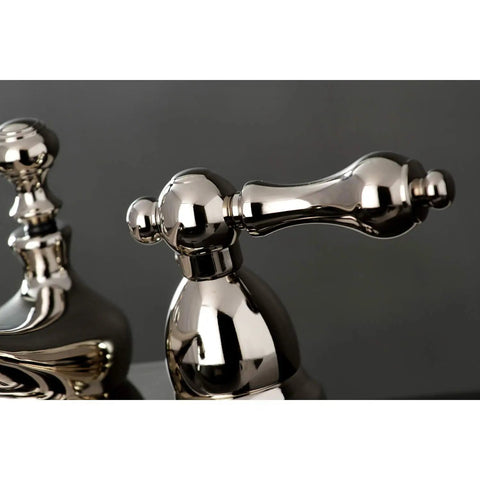 Close-up of 4 Inch Centerset Bathroom Faucet in Polished Nickel Finish handle, showcasing vintage inspired style and Art Deco charm.