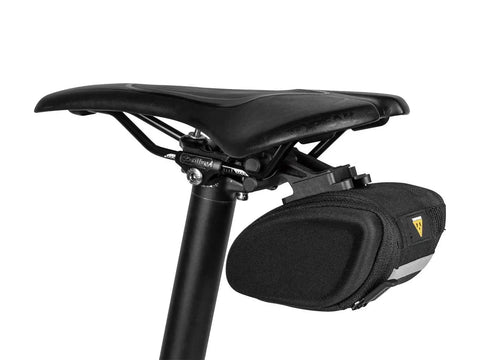 Sidekick Wedge Pack With Fixer F25 Small SemiRigid Weather Resistant Bike Saddle Bag attached under bike saddle