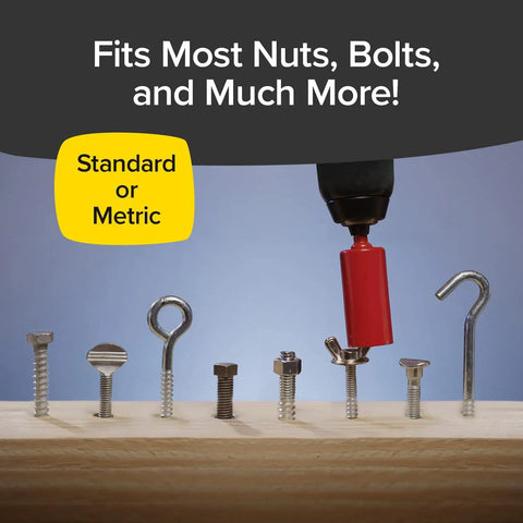 Go To Socket Tool With Drill Adapter for Nuts Bolts And More turns steel rods into any shape, shown with various fasteners.