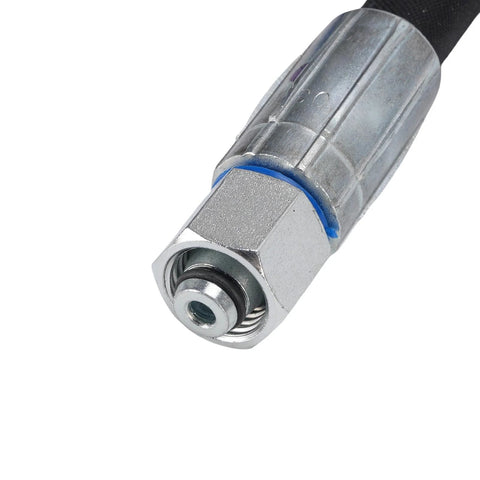Excavator diverter valve hose fitting, metal with blue seal, close-up, 1/4in port