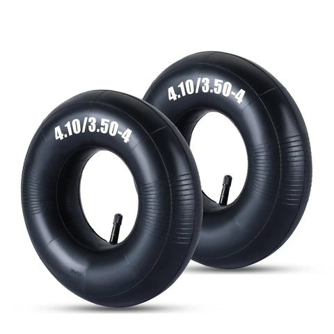 Two Pack Heavy Duty 4.10/3.50-4 Inner Tubes With TR-13 Valve for 4 Inch Rims, suitable for mowers and dollies.