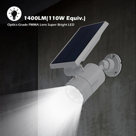 Solar Motion Sensor Flood Lights Outdoor 1400-Lumen 9W Equivalent Aluminum Security Spotlight White mounted on wall
