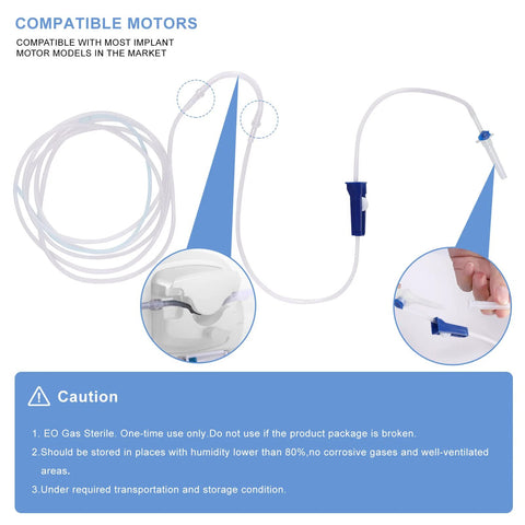 Dental irrigation tubing for implants; clear tubing with blue clip and W&H-compatible connectors front view