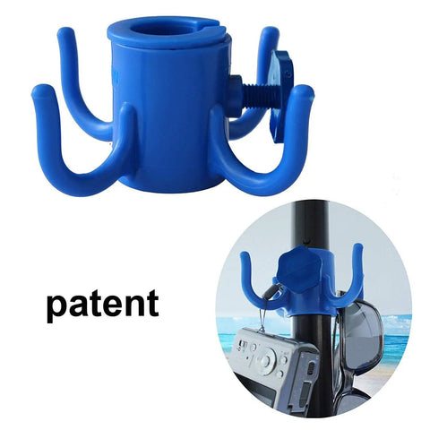 4 Prong Beach Umbrella Hook Hanging Organizer for towels hats clothes cameras sunglasses and bags blue durable plastic.