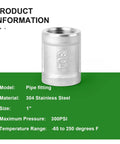 Five Piece 304 Stainless Steel Cast Pipe Fittings Coupling Set 1 Inch By 1 Inch NPT Female Threaded High Pressure Up To 300 PSI Temperature Range From Minus 65 To 250 Fahrenheit