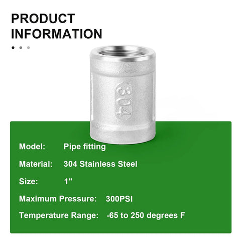 Five Piece 304 Stainless Steel Cast Pipe Fittings Coupling Set 1 Inch By 1 Inch NPT Female Threaded High Pressure Up To 300 PSI Temperature Range From Minus 65 To 250 Fahrenheit