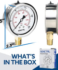 Glycerin Filled Pressure Gauge 0 To 200 Psi With Two And A Half Inch Dial, Quarter Inch NPT Lower Mount Stainless Steel Case Built To Last