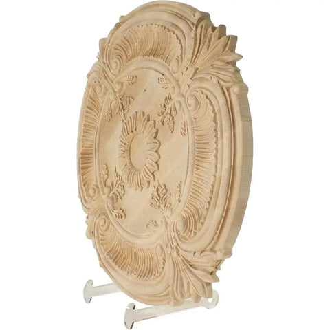 16 Inch Outer Diameter Dope Carved Acanthus Leaf Wood Ceiling Medallion In Red Oak, One-Eighth Inch Projection, Hand Sanded And Ready