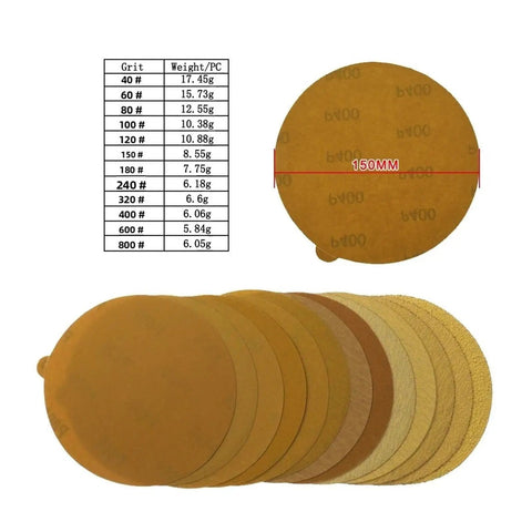 Heavy Duty Six Inch 150mm Sanding Discs With Sticky Back For Auto And Woodworking Projects, showing various grit options and weights.