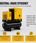 Workhorse Pro Grade Variable Frequency Drive Rotary Screw Air Compressor System With 39 CFM At 125 PSI, 80 Gallon ASME Tank, Refrigerated Dryer, 10HP 7.5KW, Single Or Three Phase 208-230V Industrial Base shown on tank
