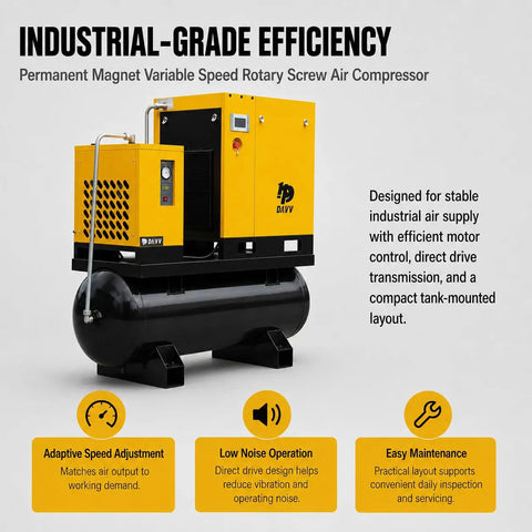 Workhorse Pro Grade Variable Frequency Drive Rotary Screw Air Compressor System With 39 CFM At 125 PSI, 80 Gallon ASME Tank, Refrigerated Dryer, 10HP 7.5KW, Single Or Three Phase 208-230V Industrial Base shown on tank