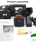Heavy Duty Portable Electric Strap Gun For PP Pet Straps With Badass Auto Melting Tension Regulator and accessories including battery and manual.