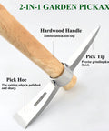 Close-up of a 16.5 Inch 2 In 1 Mattock And Pickaxe With Hardwood Handle Stainless Steel Heavy Duty, showing pick tip and hoe blade.