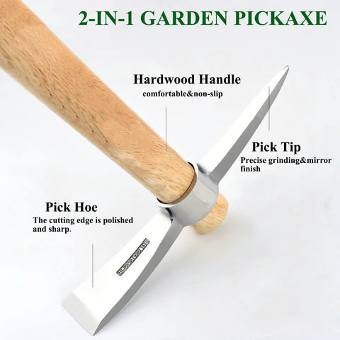 Close-up of a 16.5 Inch 2 In 1 Mattock And Pickaxe With Hardwood Handle Stainless Steel Heavy Duty, showing pick tip and hoe blade.