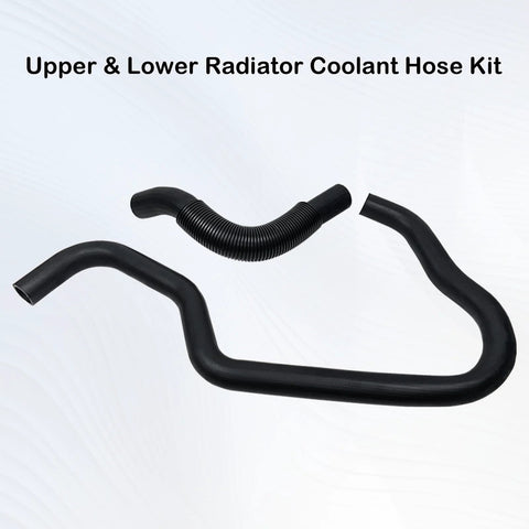Upper and lower radiator coolant hose kit, set of three black rubber hoses including a flexible corrugated hose.