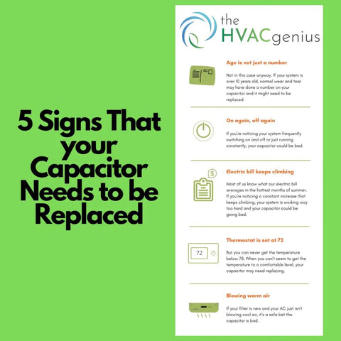 5 signs that your capacitor needs replacement, including age, frequent on/off, rising bills, incorrect thermostat, warm air.