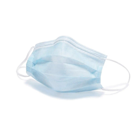 Light blue disposable face mask with earloops, showcasing its 3-ply design. Not matching Black 3 Ply Disposable Face Masks 50 Pack For Adults With Earloops Breathable Skin Friendly Non Woven Safety Mask For Mouth And Nose Protection Lab Tested Made In USA All Day Comfort product description.