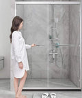 Woman opens shower door with stainless steel glass door handle for indoor and outdoor use 80 by 50 cm tubular sliding door hardware.