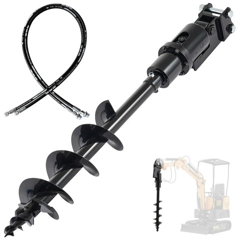 6 Inch Auger Drill For Mini Excavator With 2 Hydraulic Hoses, Heavy Duty Auger Bit, 40 Inch Drilling Depth, Detachable Drill Rod