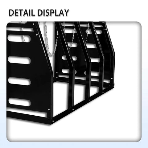Close-up of Heavy Duty Vertical Parts Storage Rack For Pipes And Lumber showing four bay slots and safety chain in black coated steel.