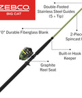 Big Cat Spincast Reel And 7 Foot Two Piece Rod Combo With Dial Adjustable Magnum Drag, forest green with labels.