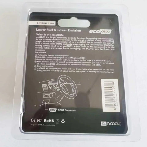 Back view of the Fuel Saver Chip For Gasoline Cars Eco Tuning Box packaging showing installation instructions and specifications.