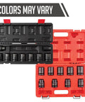 Three Quarters Inch Drive SAE 12 Point Impact Socket Set 9 Piece Chrome Molybdenum Steel in red and black cases