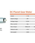 6-22V 200W DC Planet Gear Motor High Torque 90kgcm Beefy Metal Geared Motor with specifications and screws visible