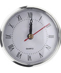 Close-up of 80mm Quartz Clock Insert with black Roman numerals on white face and silver trim; for 73mm hole and 18mm depth.