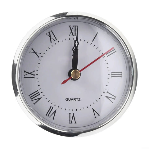 Close-up of 80mm Quartz Clock Insert with black Roman numerals on white face and silver trim; for 73mm hole and 18mm depth.