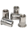 Heavy Duty Flat Head Threaded Insert Nut 304 Stainless Steel in silver, knurled design for strong holding power in repairs.