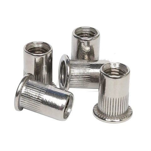 Heavy Duty Flat Head Threaded Insert Nut 304 Stainless Steel in silver, knurled design for strong holding power in repairs.