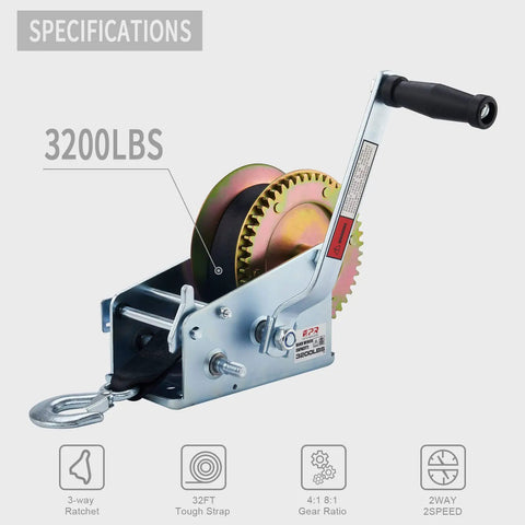 Heavy Duty 3200lbs Boat Winch Hand Crank With 32Ft Strap Two Speed Switchable Trailer Winch for Boats and Heavy Lifting