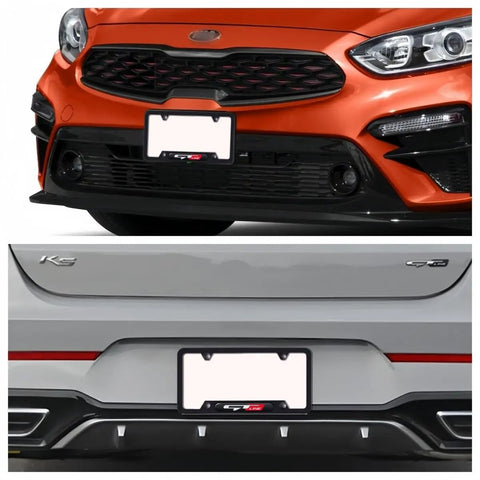 Front and rear view of cars with Tough As Nails Black Aluminum License Plate Frames and Covers Kit Built To Last for Picanto Rio K5