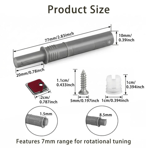 52 Pack Magnetic Push Latches for Cabinets and Drawers, 2.83 Inch Gray Push to Open Hardware with dimensions