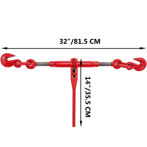 2 Pack Ratchet Tie Down Binders Set, 9215 Lbs Working Load, 3 Eighths To 1 Half Inch Chains, G70 Hooks, Adjustable Length, Heavy Duty Tie Downs For Grade 70 To 80 Chains, Hauling And Towing, Red showing dimensions.