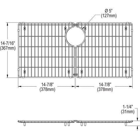 Diagram of Stainless Steel Bottom Grid For Sink Bowls, Custom Fit 14-7/16 In By 29-15/16 In By 1-1/4 In with dimensions.