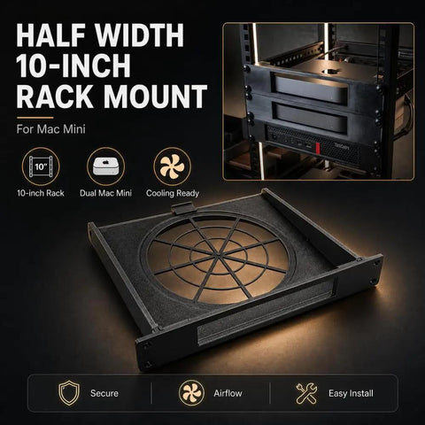 Slick Half Width Mac Mini Rack Mount For 10 Inch Server Cabinet Secure Screw In Bracket For Home Lab Network Setup view of the durable black plate.