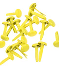 Close-up of yellow metal brads from 500 Pieces Scrapbooking Paper Fasteners Brads Clip Set For Photos And Cards And Paper Crafts Durable Vintage Style Scrapbook Embellishments For Creative Journaling And Card Making.