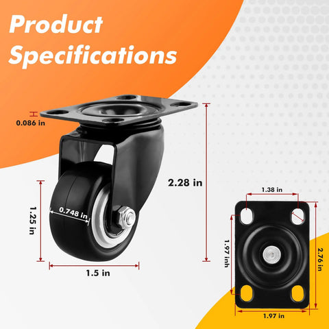 Front view of 1.5-in black swivel caster with mounting plate; set of 8, polyurethane wheel, no brake, double ball bearing