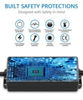 Image of All Purpose 60W Adjustable DC Power Supply highlighting built-in safety protections and warranty details.