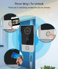 Two Wire Video Intercom System with Indoor Monitor and Wifi Doorbell Camera showing three unlocking modes