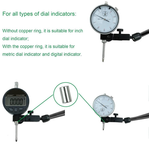 Front view of HDLNKAK magnetic base stand set for dial indicators, black, 176 lb pull.