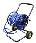 Heavy Duty Garden Hose Reel And Portable Hand Push Hose Cart With Inflatable Wheels, holding blue hose on sturdy black frame.