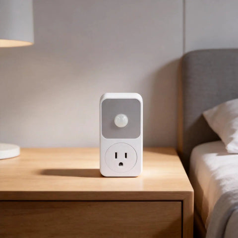 PIR Infrared Motion Sensor Outlet 110V 1800W Auto On Off Switch For Garage Hallway Living Room White ABS Receptacle No Brainer For Security Light Control And Energy Saving Home Automation on bedside table